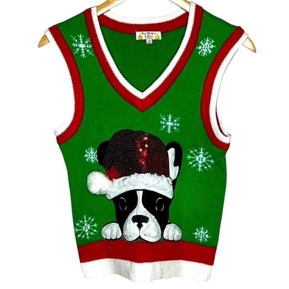 Merry Christmas POOF black white green red Frenchie bulldog sweater vest small s - Picture 1 of 6